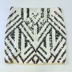 Express sequin white silver Art Deco stretch pull on lined skirt Large glam